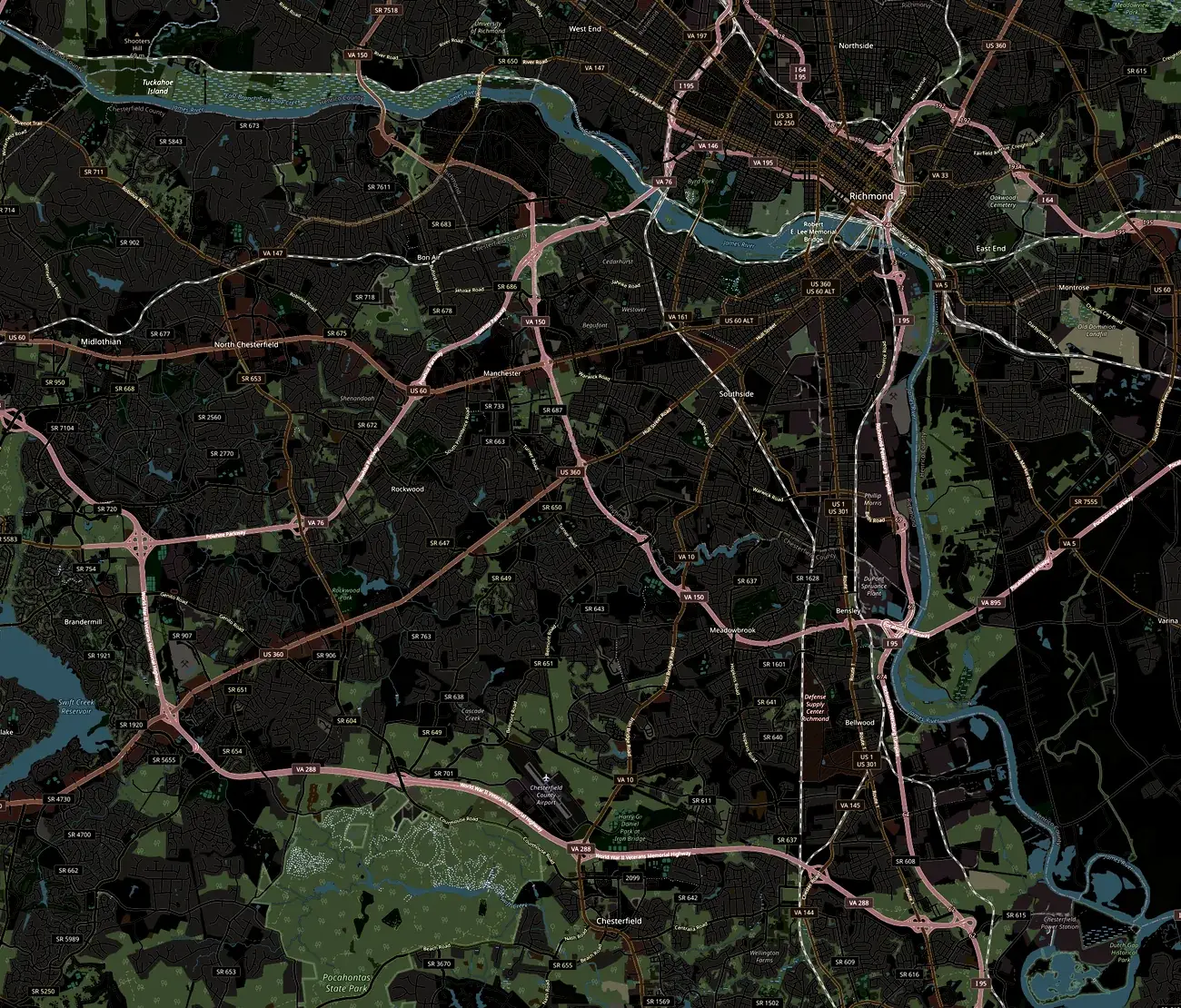 Map of the James River through Richmond showing seven public fishing access points, ordered upstream to downstream: Robious Landing, Huguenot Flatwater, Pony Pasture Rapids, Belle Isle, Ancarrow's Landing, Dutch Gap, and Swift Creek Lake in Pocahontas State Park.