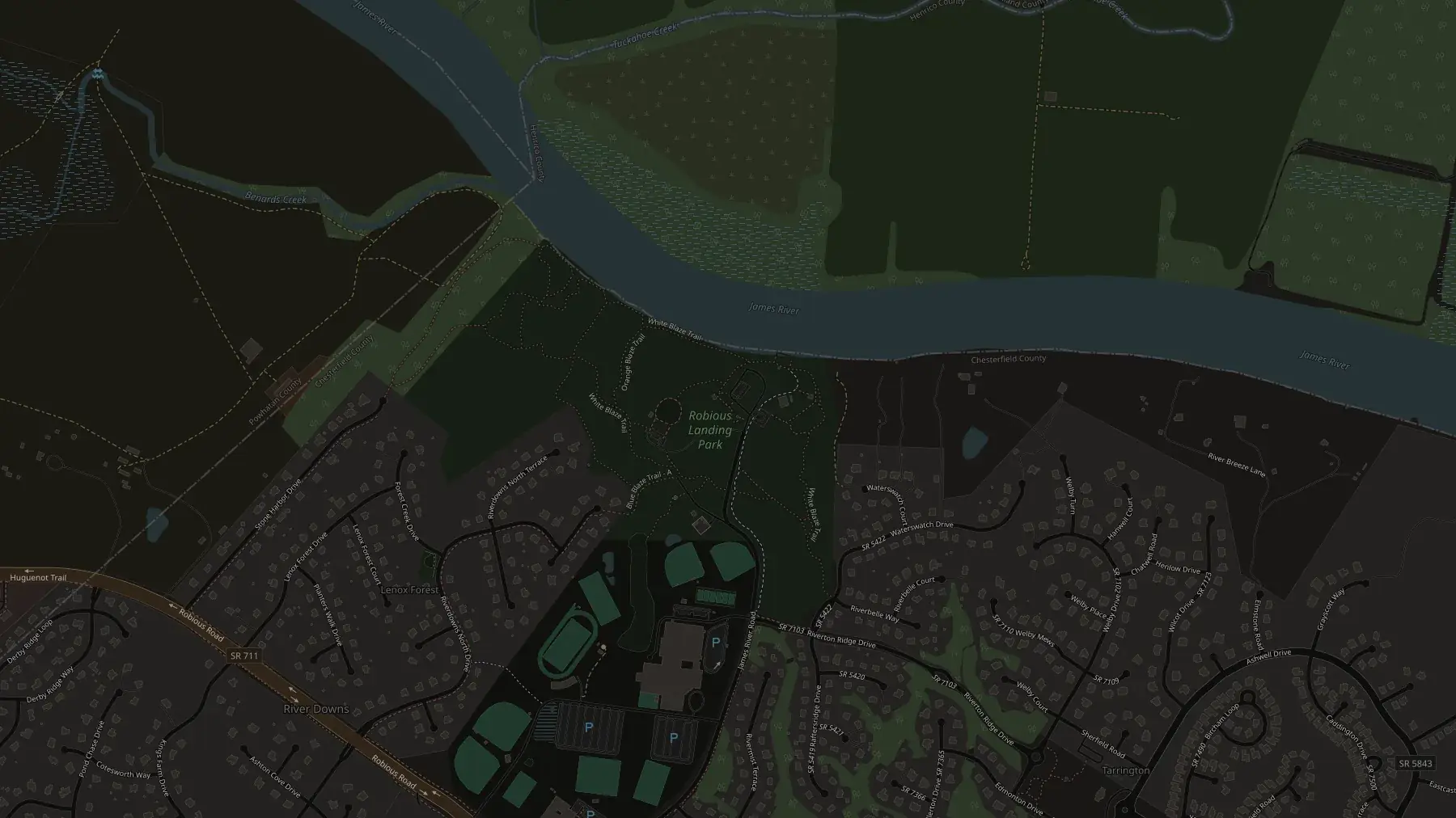 Map of Robious Landing Park showing the canoe and kayak launch, parking, and five fishing zones: the launch, the upstream flatwater pools, the downstream riffles and ledges, the wadeable shallows, and the limited bank access at the ramp.