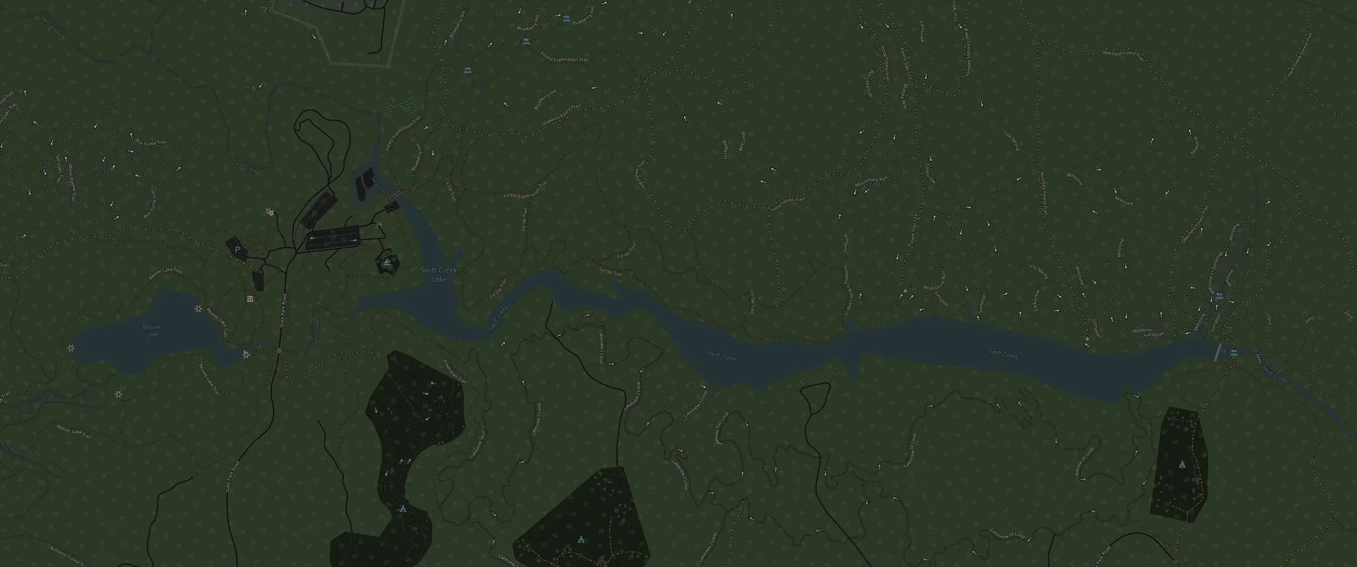Map of Swift Creek Lake in Pocahontas State Park showing the fishing pier, the dam, the western creek arms and coves, the fallen timber along the wooded shoreline, and nearby Beaver Lake.